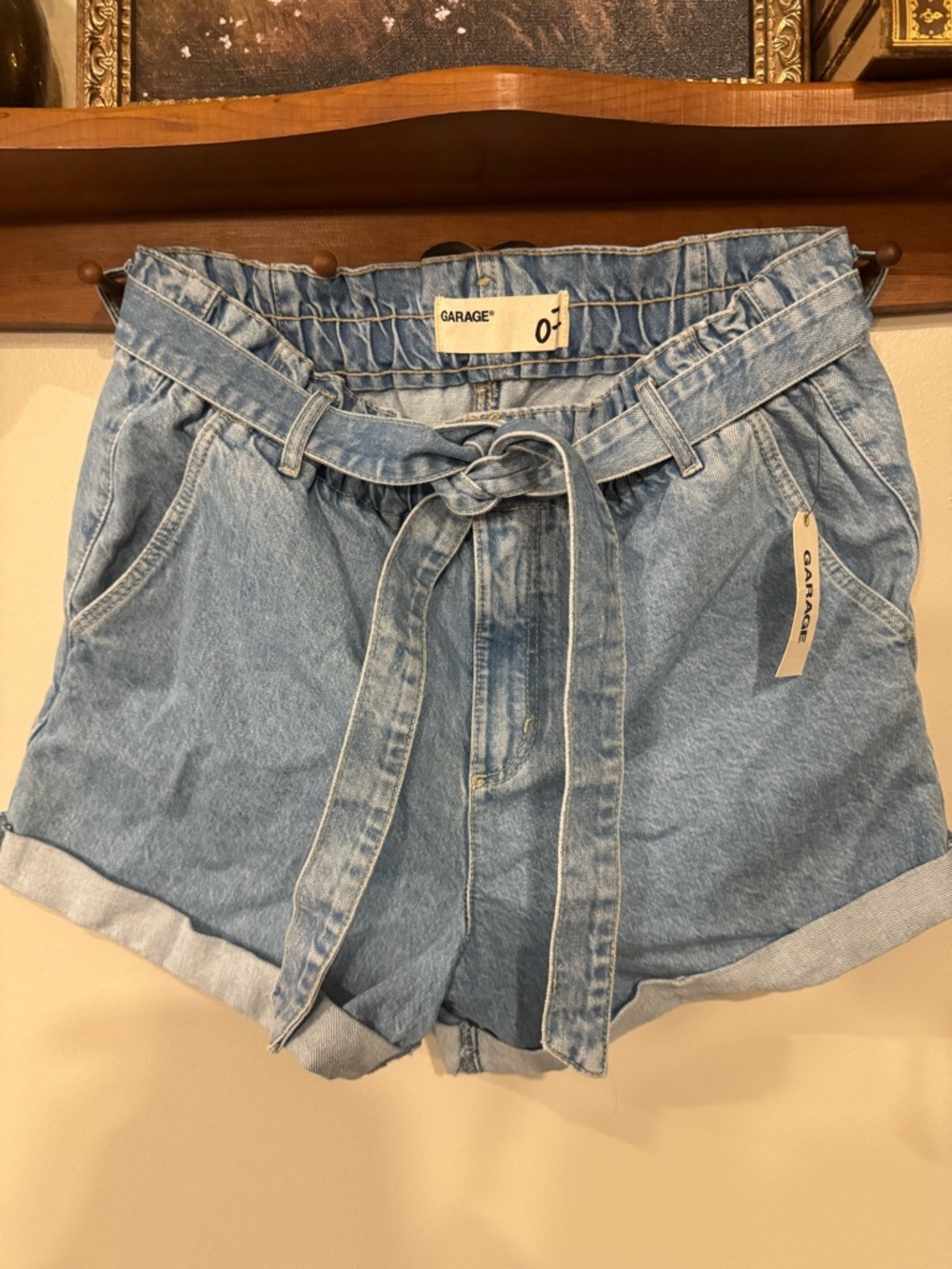 NWT Garage Light Blue Denim Paperbag Waist Shorts with Tie Belt